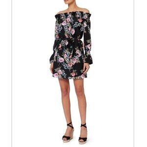 Intermix Black Floral Print Off the Shoulder Belted Mini Dress size Small
